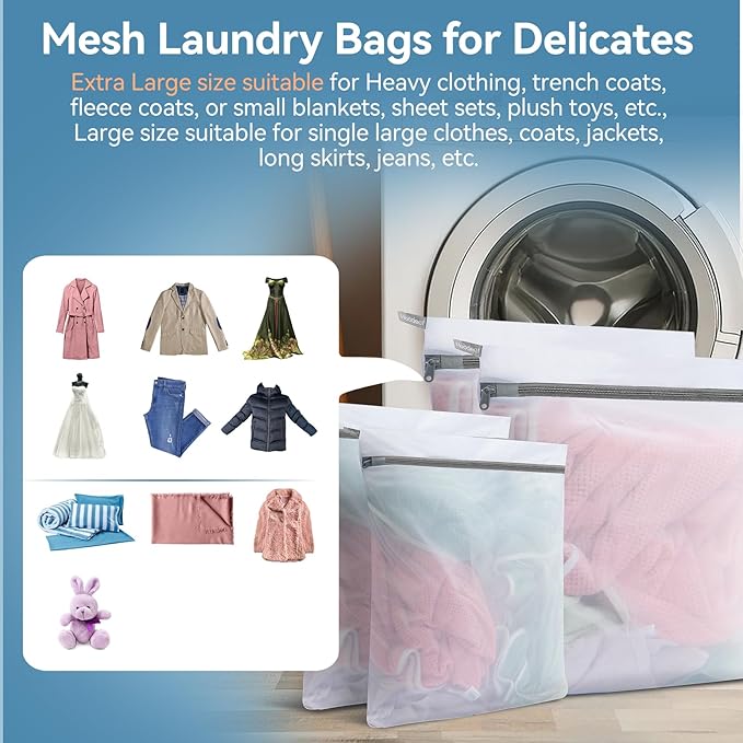 Large Mesh Laundry Bags for Delicates, 4Pcs Laundry Bags Mesh Wash Bags, Delicate Laundry Bag, Travel Clothing Storage Bags for Cruise, Camping, College (2XL,2L)