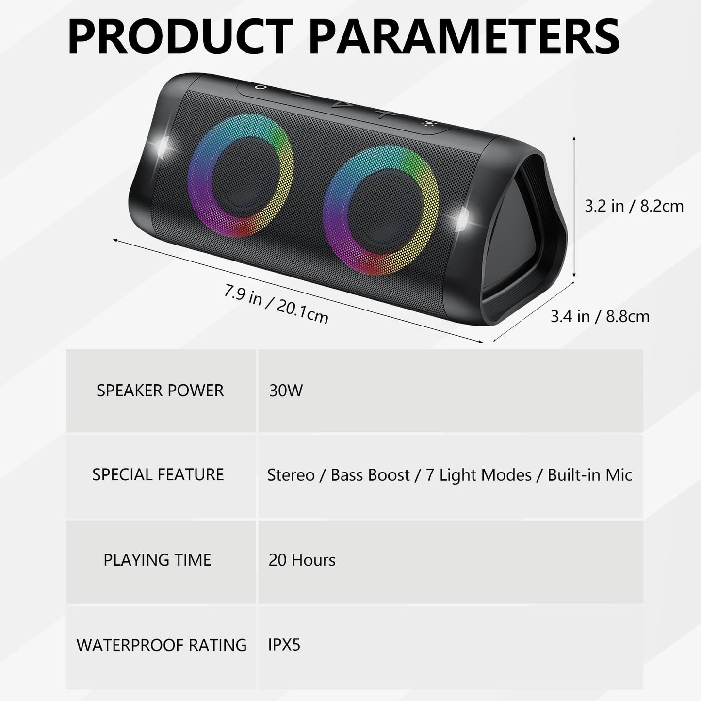 DONOW Portable Bluetooth Speaker with Lights, 30W Stereo Sound, Bass Boost, IPX5 Waterproof, 20H Playtime, Built-in Mic, Speakers Bluetooth Wireless for Home, Party, Outdoor, Travel(Black)