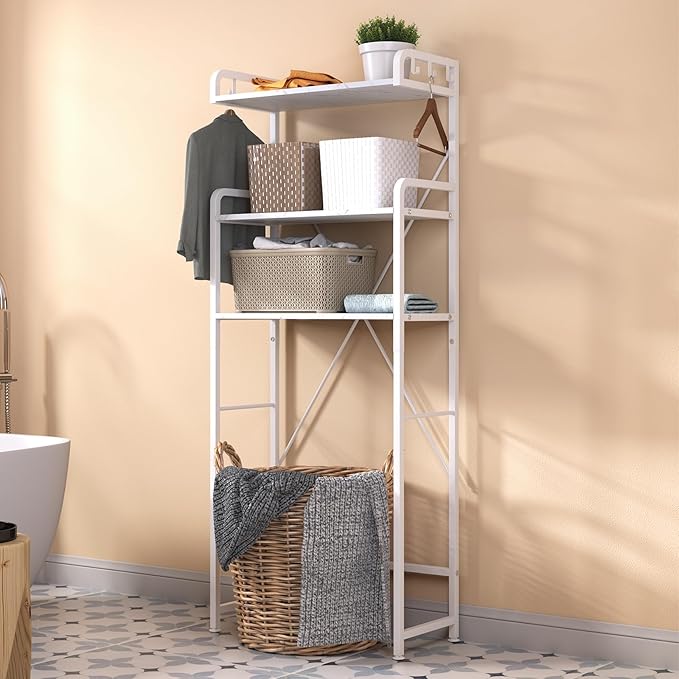 Over The Toilet Storage Rack with 3-Tier Bathroom Shelves, Space Saver Toilet Shelf, Bathroom Storage Organizer with Hooks for Over Toilet Storage and Bathroom Shelf (White Faux Marble)
