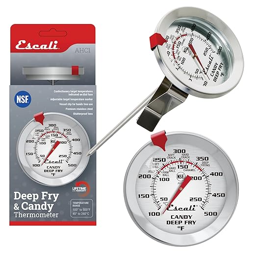 Escali Deep Fry Stainless Steel Paddle Candy Thermometer, Heat Resistant Handle, and Hand-Free Clip, Temperature Indications
