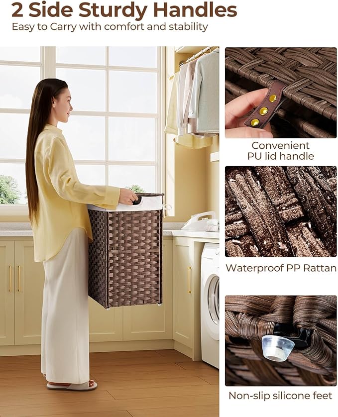 Greenstell Laundry Hamper with lid, No Install Needed, 110L Wicker Laundry Baskets Foldable 2 Removable Liner Bags, 2 Section Clothes Hamper Handwoven Rattan Laundry Basket with Handles, Brown