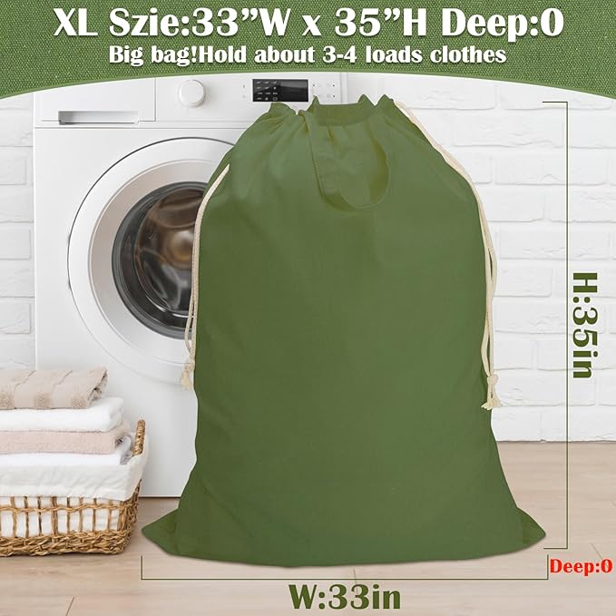 Canvas Laundry Bag 33"Wx 35"H, Thick Cotton Laundry Bag with Handles & Drawstring, Extra Large Heavy Duty Washable Basket Liner Hamper Liner Canvas Storage Sack (XL ArmyGreen)