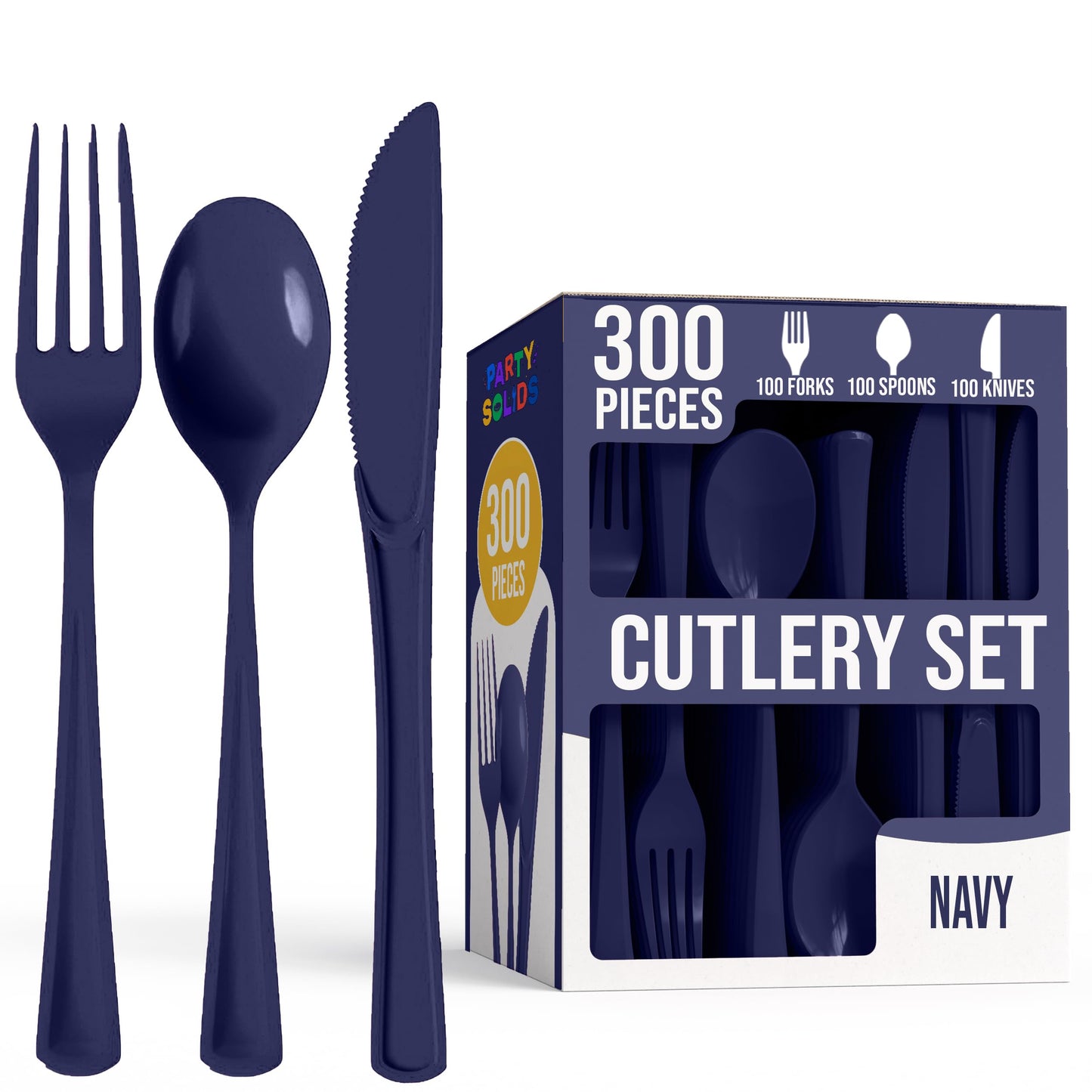 Party Solids Dark Blue Plastic Silverware 300 Pcs Dark Blue Cutlery Set