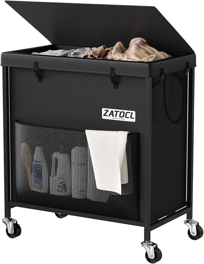 220L Laundry Hamper with Lid, Heavy Duty Laundry Basket with Wheels, Large Capacity Dirty Clothes Hamper with Thick Iron Frame & Removable Bag, Rolling Laundry Hampers for Bathroom Bedroom Aesthetic