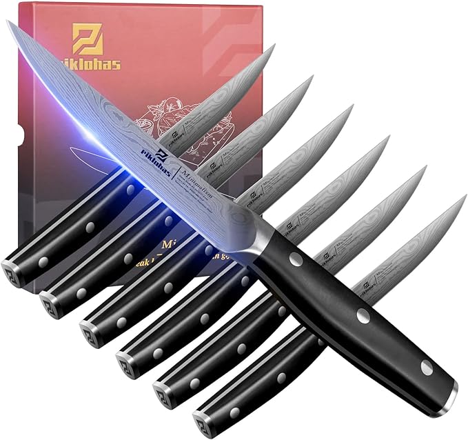 Piklohas Steak Knives Set of 8, 4.6 Inch Non Serrated Dinner Knife, Forged German Steel Damascus Pattern Straight Edge Meat Knife with Full Tang Handle, Dishwasher Safe, Ideal for Gift