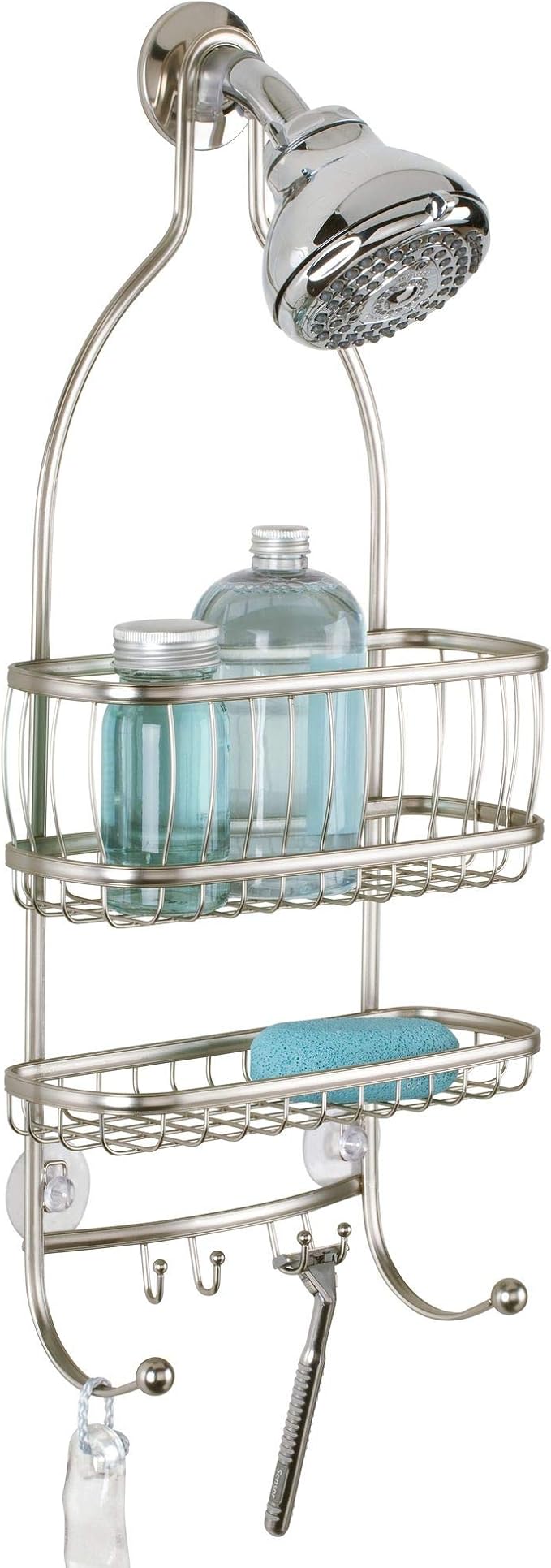 iDesign York Metal Wire Hanging Shower Caddy, Extra Wide Space for Shampoo, Conditioner, and Soap with Hooks for Razors, Towels, and More, 9.75" x 4" x 22", Satin Silver