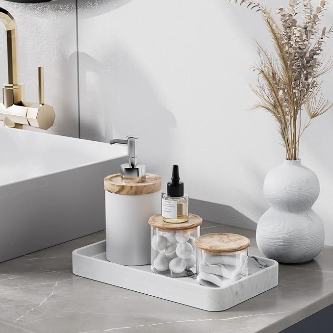 Gurygo 10" Vanity Tray for Bathroom - Hand Towel Tray Organizer for Paper Napkins - Bathroom Vanity Counter Organization - Ceramic Soap Dispenser Tray for Kitchen Counter (Marble White, Set/1)…