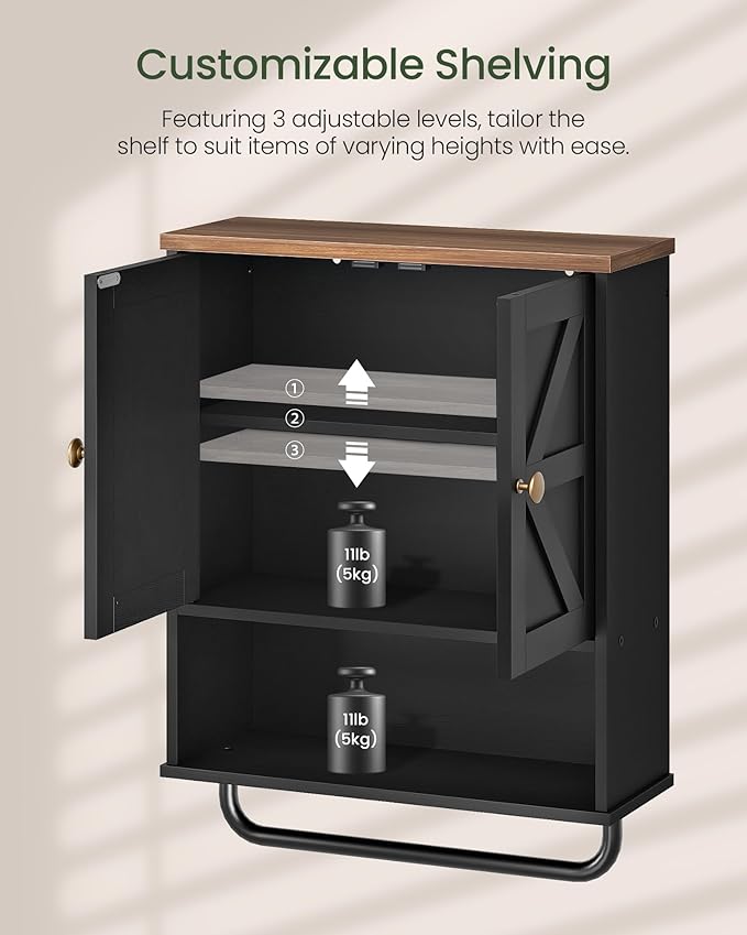 Bathroom Wall Cabinet, Medicine Cabinet with Open Partition and Towel Bar, Rustic Storage Cabinet with Open and Hidden Storage Space, for Bathroom, Living Room, Kitchen, Black and Walnut