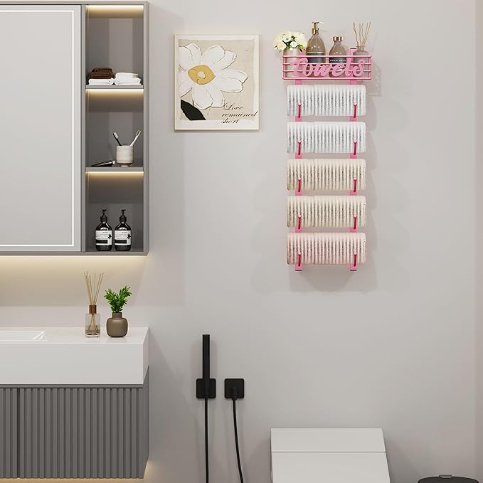 SWTYMIKI Hanging Towel Racks for Bathroom - 9 Tier Over The Door & Wall Mounted Bath Rolled Towel Storage Organizer Holder for Small Bathroom, RV, Camper (Pink, 6-Tier)
