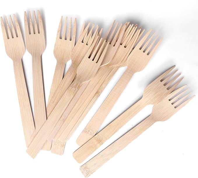 BANBU Bamboo Utensils Disposable- 100 PK Bamboo Forks Disposable 100% Compostable Biodegradable Renewable Natural Cutlery Fork 6.7" for Travelling Camping