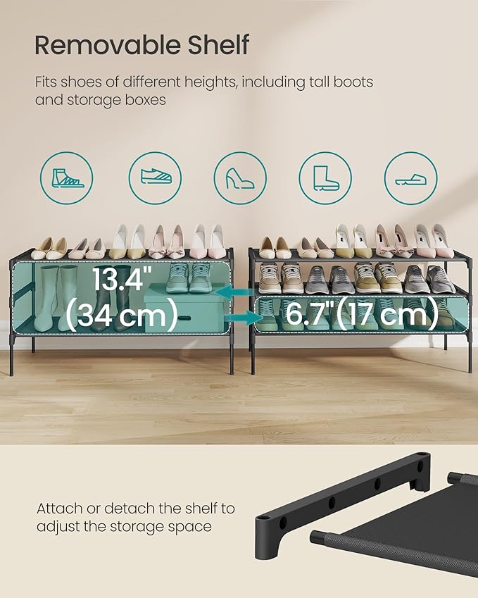 SONGMICS Shoe Rack, 3-Tier Shoe Storage Organizer, Space-Saving, 11.7 x 36.1 x 21 Inches, Entryway, Metal Frame, Non-Woven Fabric Shelves, Ink Black ULSH033BH01