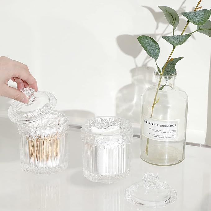 rejomiik 2 Pack Qtip Holder Glass Apothecary Jars with Lids Bathroom Accessories Vanity Organizers and Makeup Storage Canister for Cotton Swabs, Balls, Pads, Floss Picks, Candy, Clear