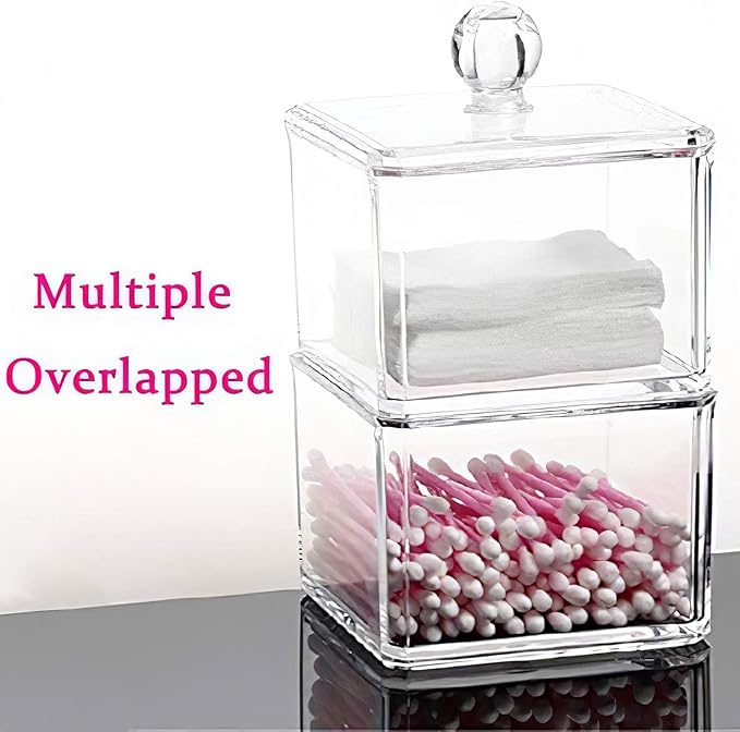 Stackable Square Acrylic Cotton Ball Holder Q-tip Holder Bathroom Swab Dispenser (Single pack)