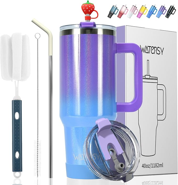 30 oz Shiny Tumbler with Handle and Straw,Stainless Steel Tumbler with Lid and Straw,Insulated Travel Mug(Cold for 34 Hours),Water Bottle for Iced Tea,Coffee (Purple)