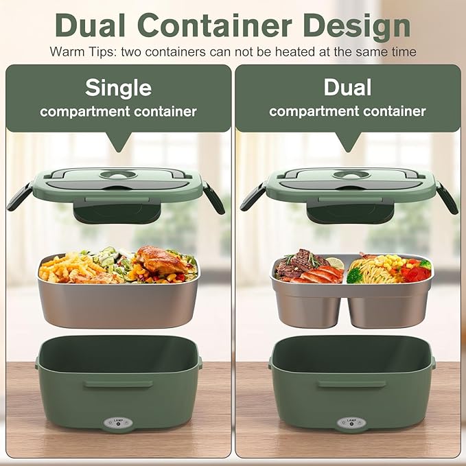 Vabaso Electric Lunch Box for Adults, 80W Heated Lunch Box with Dual 1.5L Stainless Steel Containers, Portable Food Warmer for Men Work Car Truck, 12V/24V/110V/220V