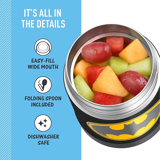 THERMOS FUNTAINER Insulated Food Jar, 10 Ounce, Kid Friendly Food Jar with Foldable Spoon, Batman