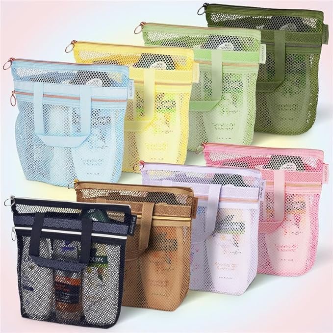 Mesh Shower Bag 10.2x9.9'' Quick-Dry Caddy with Zipper & 2 Pockets. Portable Toiletry Tote for Bathroom, Gym, Travel, Camp, Beach, for Sunscreen, Dorm & College Essentials (Pink)