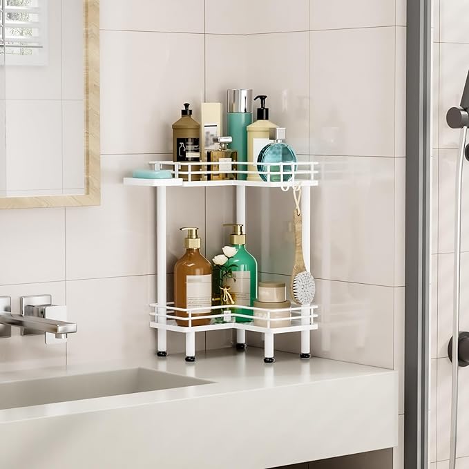 HapiRm Corner Shower Caddy Standing - 2 Tier Shower Organizer Corner with Soap Holder, Rustproof Bathroom Standing Organizer with 2 Hooks, White