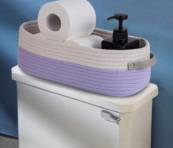 Cotton Rope Woven Basket Toilet Paper Organizer - Decorative Storage Basket for Boho Decor - 13"x5.9"x4" Purple