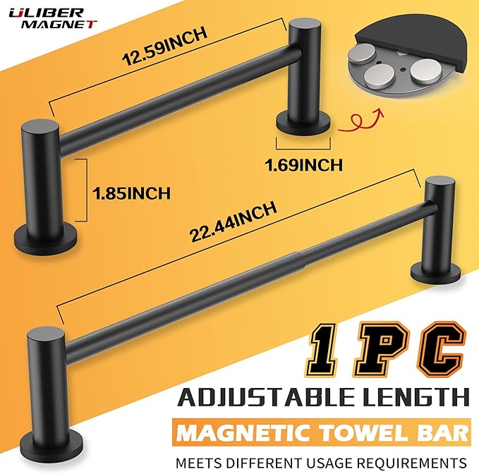 ULIBERMAGNET Magnetic Towel Holder, 1 Set Magnetic Towel Bar Holder with Adjustable Length, Matte Black Non-Slip Magnetic Towel Rod Rack for Refrigerator, Dishwasher, Laundry, Kitchen Stove