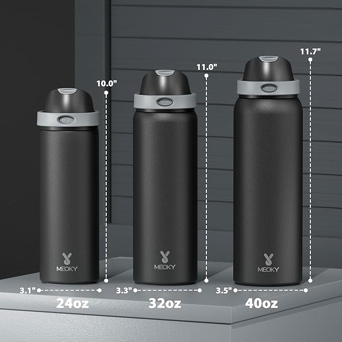 32 oz Insulated Water Bottle for Sports: Meoky Stainless Steel Water Bottle with 2-in-1 Straw and Spout Lid - Leak Proof, Cold for 24 Hours, Protective Silicone Base, BPA-Free for Gym, Night