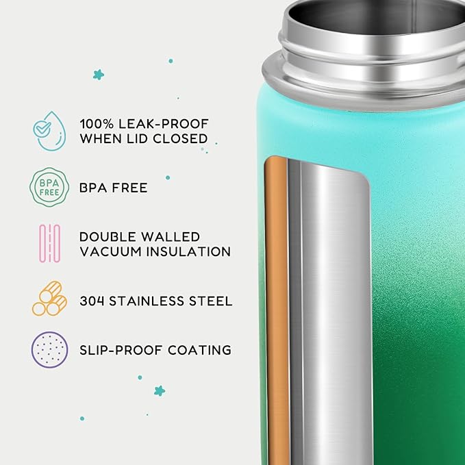 12oz Kids Water Bottle for School, Toddler Water Bottles with Straws, Insulated Water Bottles for Boys&Girls, Stainless Steel Vacuum Insulated Bottle for Kids, Leak-Proof, BPA-Free, Green Gradient