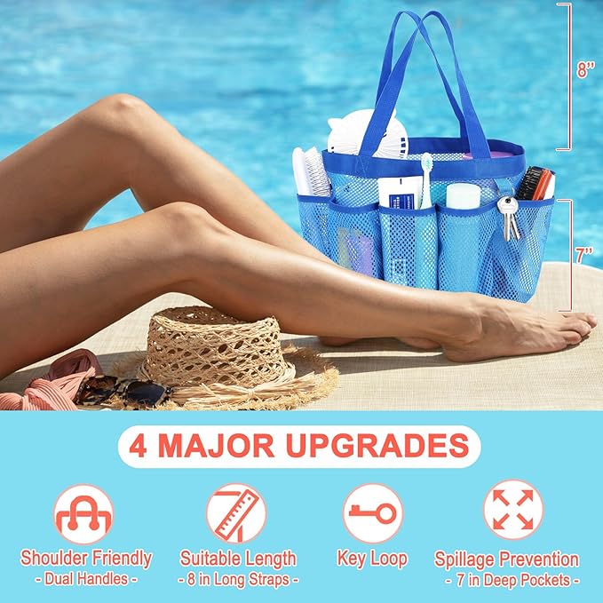 Mesh Shower Caddy Portable for College Dorm Room Essentials, 8-Pocket Large Shower Basket Tote Bag with 2 Handles for Toiletry, Bathroom, Beach, Camp, Gym