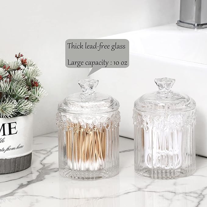 rejomiik 2 Pack Qtip Holder Glass Apothecary Jars with Lids Bathroom Accessories Vanity Organizers and Makeup Storage Canister for Cotton Swabs, Balls, Pads, Floss Picks, Candy, Clear