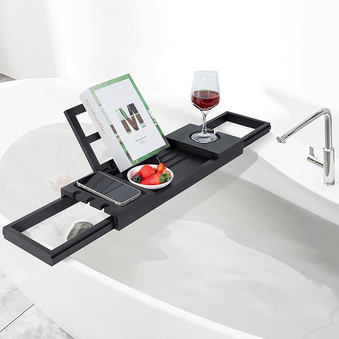 Utoplike Bamboo Bathtub Tray Black, Adjustable Bath Caddy Table for Tub, Bathroom Organizer with Book Tablet Wine Glass Cup Towel Holder