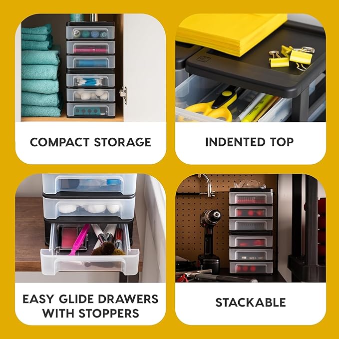 IRIS USA Plastic Stacking Desk Top 3-Drawer Storage Organizer, 2-Pack, for Makeup Vanity Nail Polish Bathroom Stationery Art Craft Supplies Kitchen Office Garage and Small Organization, Small, Black