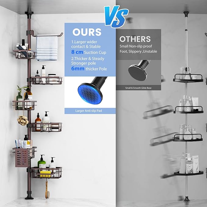 Mixoo Corner Shower Caddy Tension Pole - Adjustable 30 to 120 Inch Shower Organizer with 6 Shelves, Towel Rack, Toothbrush Holder, Soap Dish, Bathroom Corner Storage for Shower, Bathtub (Bronze)