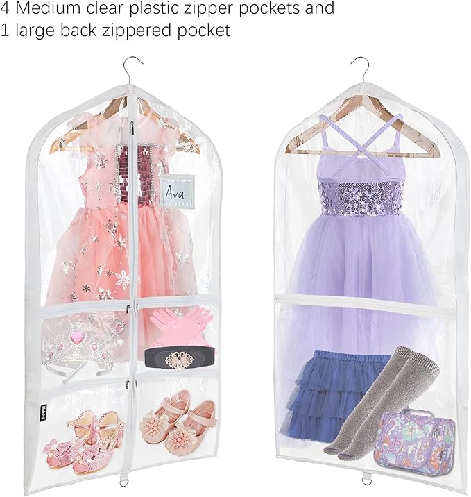 Univivi Clear PVC Dance Costume Bags (6 Pack) Garment Bag 40 Inch for Dance Competitions, with 4 Medium Clear Zipper Pockets and 1 Large Back Zippered Pocket [Upgraded Version] (40'' x 24'' 6 Pack)