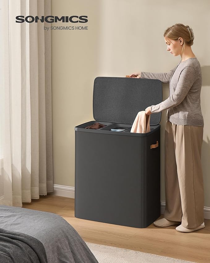 SONGMICS Laundry Basket, 50.2 Gal. Laundry Hamper, 3 Compartments, Easy Assembly, with Lid and Handles, Removable Liners, 25.2 x 15.7 x 29.5 Inches, Ink Black ULCB814BH01