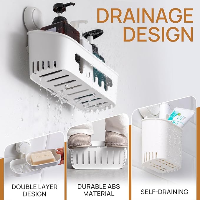 LEVERLOC Shower Caddy Suction Cup Set Shower Organizer & Soap Holder & Toothbrush Holder, Bathroom Shelf Basket NO-Drilling, Removable Suction Storage Waterproof Bathroom Caddy, White | Shower Organizer, Soap Holder, Toothbrush Holder, Removable Suctio...