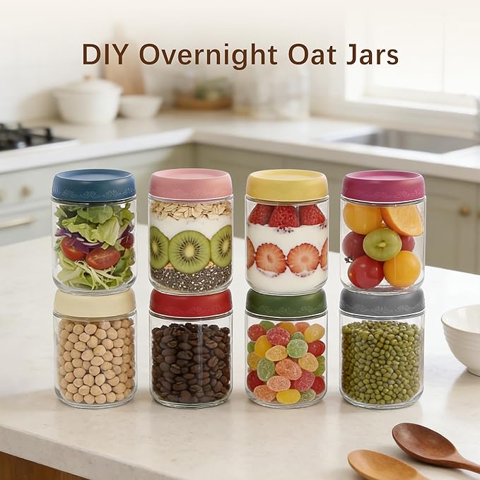 16 OZ 8 Pack Overnight Oats Jars with Airtight Lids and Jar Sleeve, Glass Containers for Meal Prep, Leak-Proof Food Storage Jars for Yogurt, Pudding & Healthy Breakfast (16oz-8 Pack)