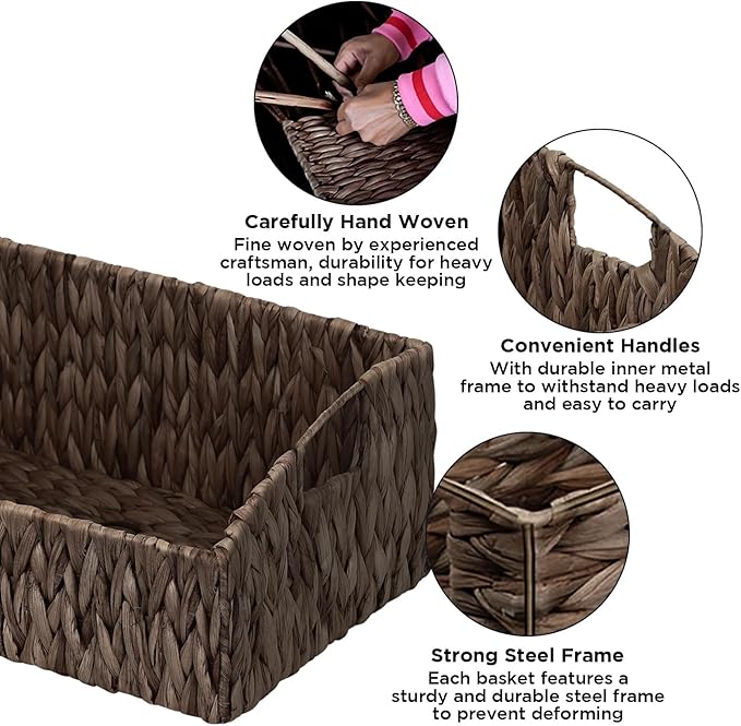 Ollieroo Rattan Storage Baskets, Handwoven Wicker Storage Bins with Built-in Handles, Storage Container Baskets for Shelves, Bedroom, Bathroom, Laundry Room or Kitchen(Black)