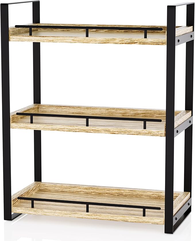 Bathroom Counter Organizer, 3 Tier Wood Countertop Shelf for Vanity, Skincare, Makeup, Kitchen Coffee and Sink Storage, with Durable Metal Bracket (Light Brown)