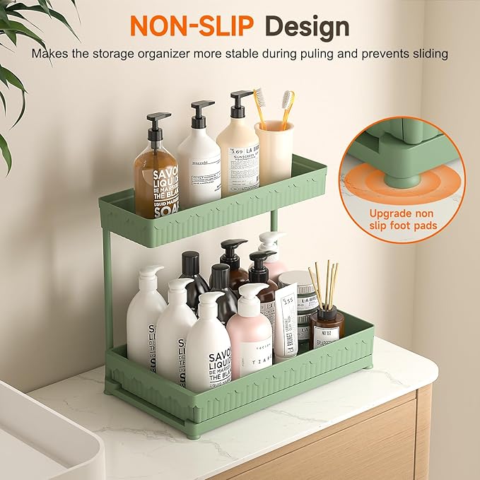 3 Pack Multi-Purpose Under Sink Organizers and Storage, 2026 L-Shaped Pull Out Cabinet Organizer for Bathroom & Kitchen, Under Cabinet Organizer with Hooks Hanging Cup, Green, 14.85 inch
