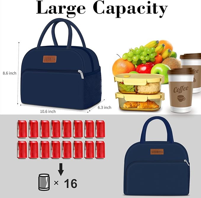 Coobiiya Lunch Bag for Men and Women - Navy Blue, Aluminum, 10.8" x 6.3" x 8.85" - Spacious, Lightweight, and Durable