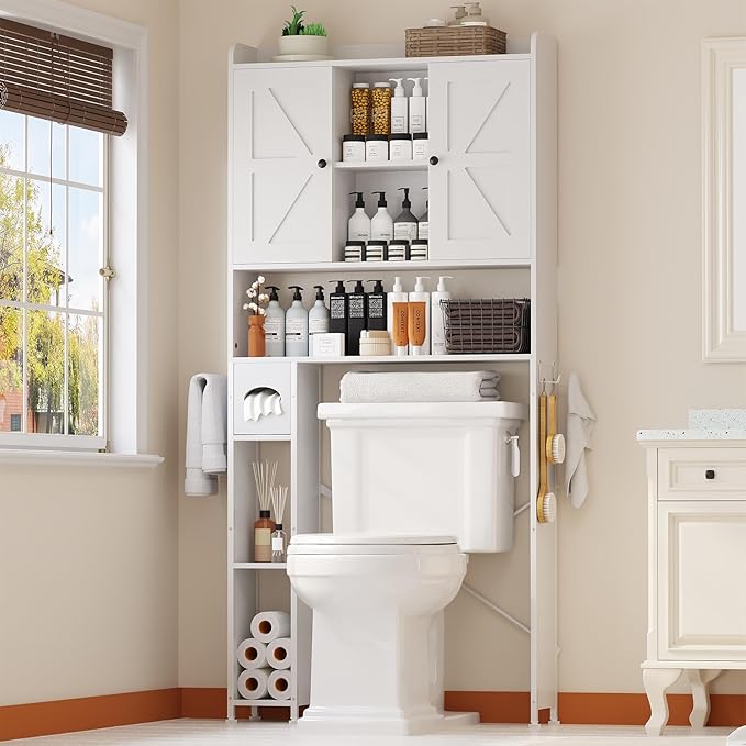 EasyCom Over The Toilet Storage Cabinet with Metal Frame and 7 Storage Shelves, Bathroom Organizer with Adjustable Shelves and Paper Holder, Farmhouse Storage Cabinet for Bathroom, Laundry, White