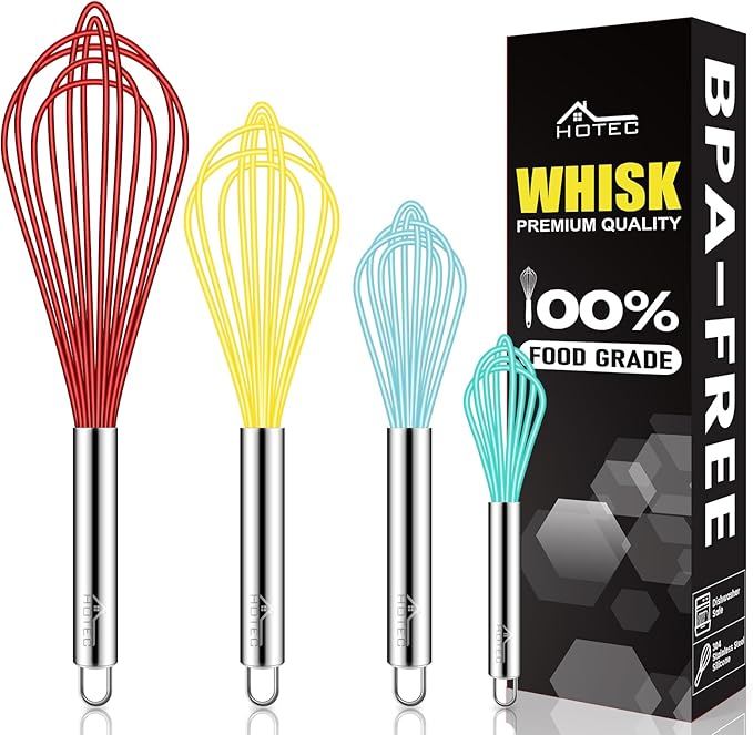HOTEC 4 Pieces Silicone Whisks Set, Wire Balloon Whisks for cooking Egg Beater, Non-slip Handle Whisk for Non-stick Cookware Perfect for Cooking, Stirring, Beating and Blending,Multicolor