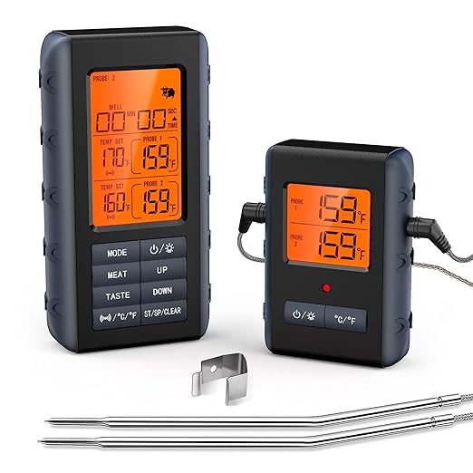 Wireless Meat Thermometer for Grilling and Smoking, Food Thermometer for BBQ Smoker Oven Cooking Steak, Grill Thermometer for Outside Grill with 4 Meat Probes, Kitchen Timer