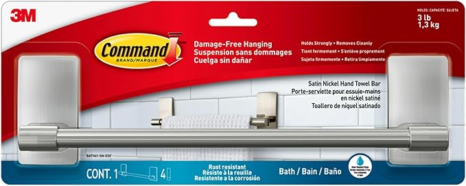Command Hand Towel Bar Satin Nickel with 4 Water Resistant Command Strips, 9" Hand Towel Holder, Holds up to 3 lb, Great for Bathroom Décor on The Wall, Inside The Cabinet, or in The Shower