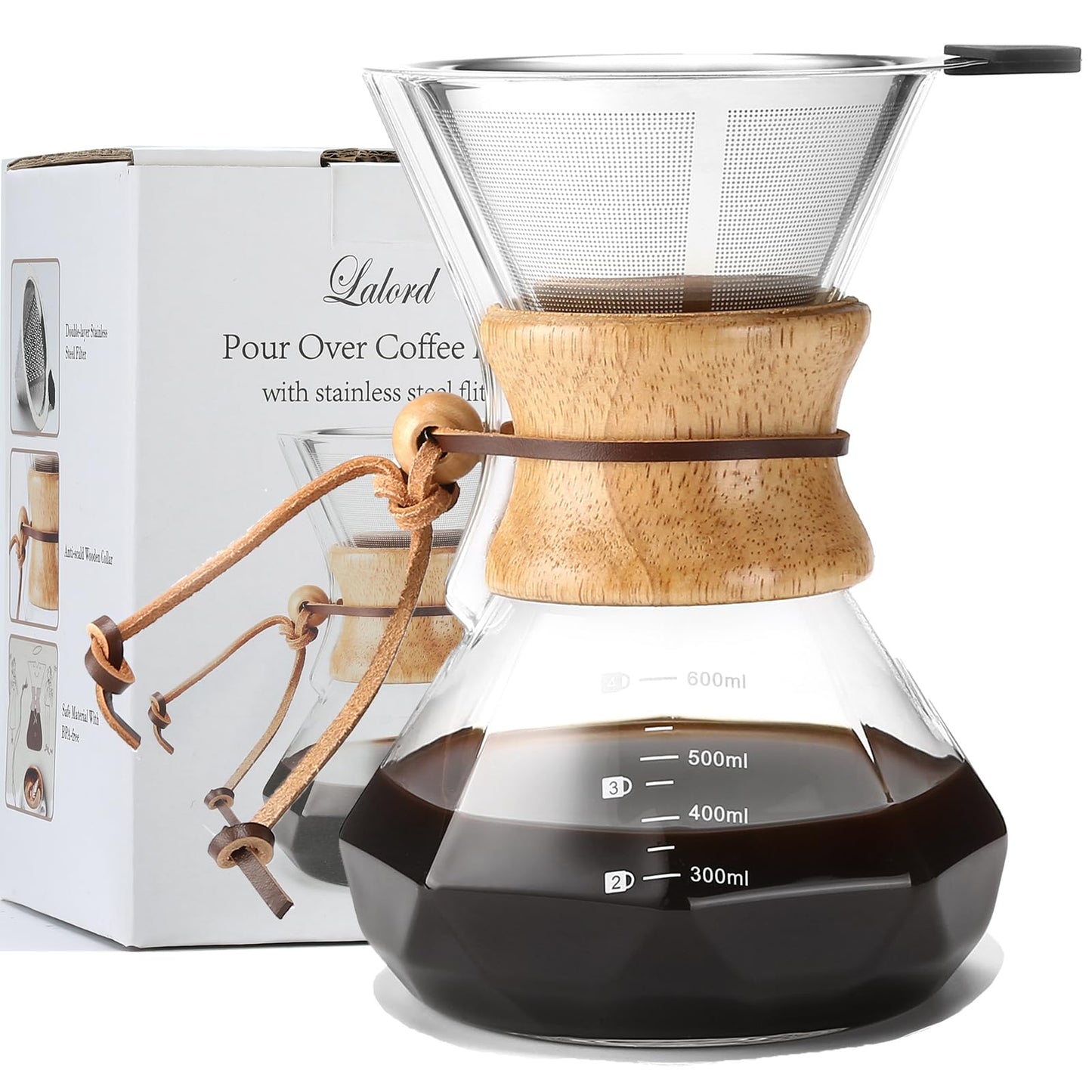 Lalord Pour Over Coffee Maker, 600ml/20oz Borosilicate Glass Carafe with Stainless Steel Filter & Wooden Collar, 3-4 Cups Capacity, Clear
