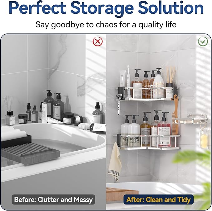 YASONIC Corner Shower Caddy Organizer, Self-Adhesive Rustproof Bath Shelves with Soap Holder & 4 Hooks, Large Capacity Shower Storage Rack for Bathroom Organization, (3Pack, Silver)
