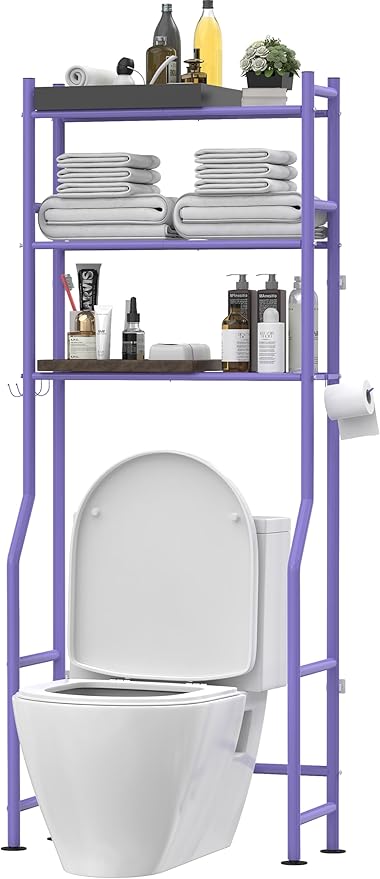 3-Tier Over The Toilet Storage, Freestanding Metal Bathroom Shelves with 4 Hooks, Over Toilet Storage Shelf with Paper Holder, Above The Toilet Shelf for Bathroom Storage, Purple
