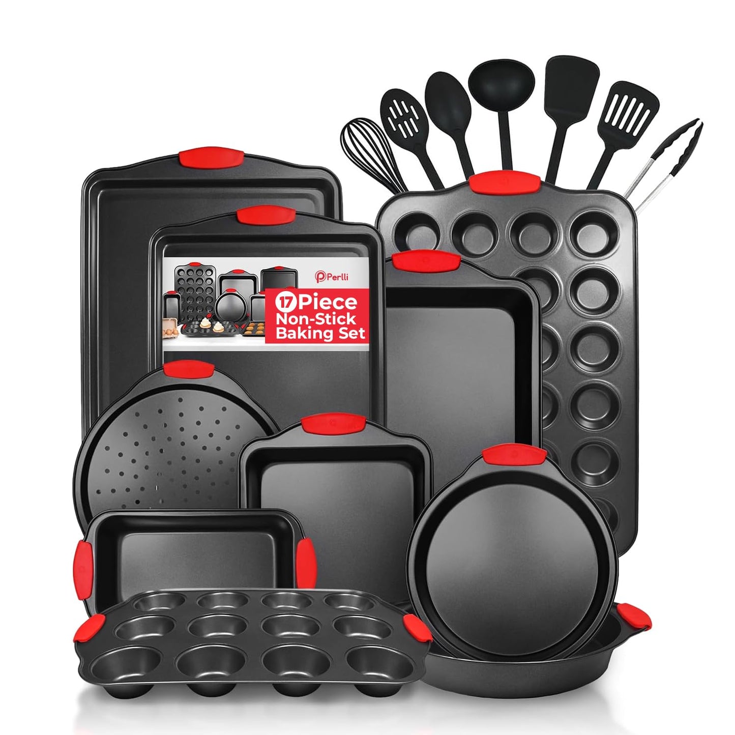 PERLLI Non-Stick 8-Piece Baking Pan Set, BPA-Free Carbon Steel Bakeware Set with Silicone Handles, Stackable Kitchen Oven Set, Cookie Sheet, Baking Tray, Baking Sheet Set, Oven Safe (446°F)