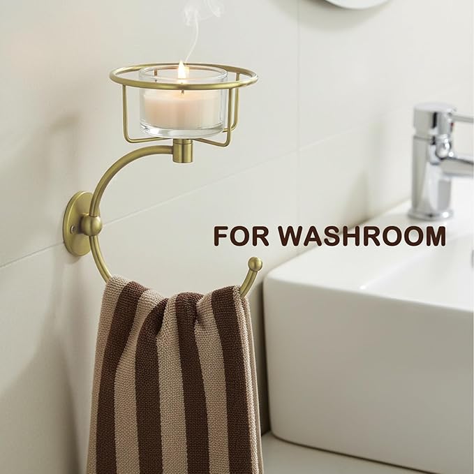 100% Solid Brass Hand Towel Holder, Champagne Bronze Towel Hook, Bathroom Towel Holder with Candle Holder for Wall Décor, Brass Bathroom Accessories, Wall Vase Holder