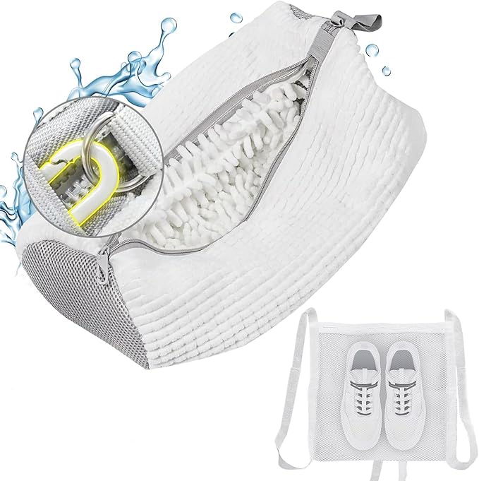 Shoe Washing Machine Bag, Shoe Laundry Bag for Washer and Dryer, Include Dry Net Bag, Reusable and Durable Zipper with Hook Design, Shoe Washing Bag for Sneaker (White, 1 Pack)