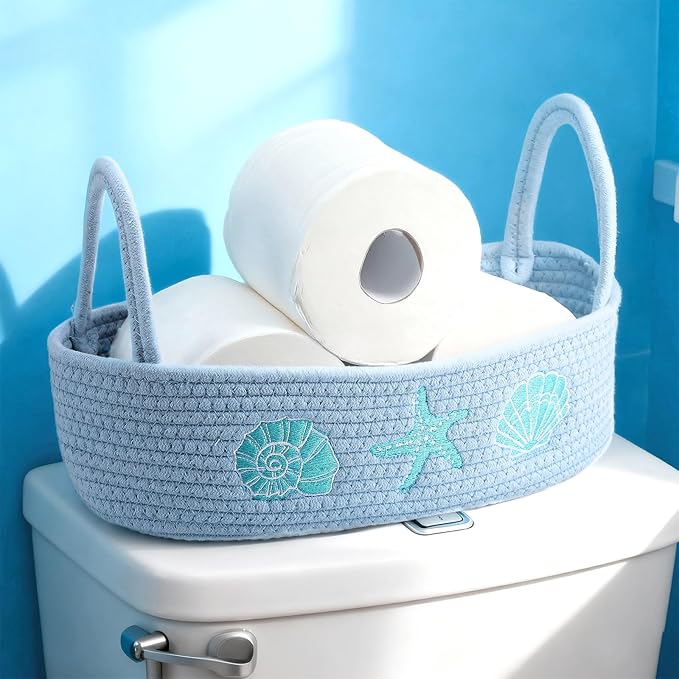 Vesici Ocean Woven Toilet Paper Basket Boho Coastal Cotton Rope Bathroom Countertop Organizer with Starfish Seashell Blue Bathroom Storage Decor for Toilet Closet Nursery Organizing, 13 x 6 x 4 Inch
